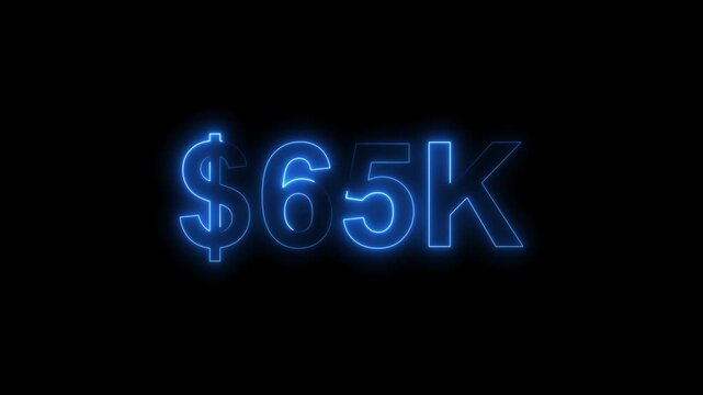 Neon line bright 65k followers isolated royal blue color animation on black background. Vibrant neon shiny 65k text royal blue color animation digits for high-resolution. 