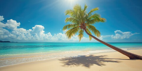 Obraz premium Seaside landscape featuring sand, sea, and a coconut palm tree against a clear blue sky with clouds, ideal for vacation imagery, World Environment Day