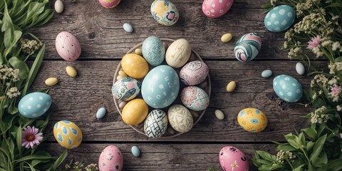 Flat lay of decorated Easter eggs, used as a colorful layout for seasonal graphics