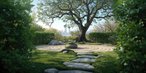 Naklejka premium Backyard zen garden decoration with raked gravel and stones, landscape design for tranquil outdoor spaces