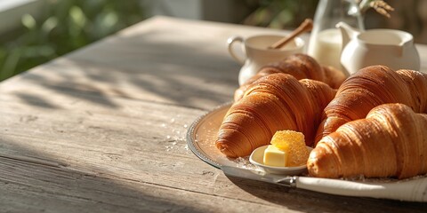 French croissants with honey and butter served for breakfast in a bakery setting, breakfast nutrition