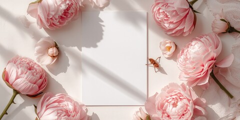 Fototapeta premium Unmarked wedding invitation template featuring envelope and pink peony flowers, suitable for stationery layout, wedding preparations