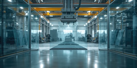 Industrial glass manufacturing process with machinery lowering large glass panels, focusing on efficiency and safety protocols