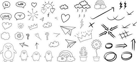 Fototapeta premium This image displays a playful and extensive assortment of hand-drawn doodle elements, perfect for adding a whimsical touch to various creative projects. The collection features a wide range of common 