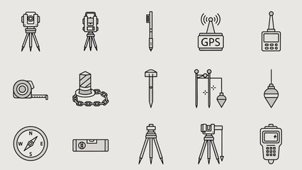 Surveying and Construction Instruments Icon Set Vector Illustration in Light Gray Background