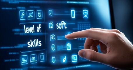 Businessman touching a virtual screen with the text "level of soft skills" and icons on a digital interface, displaying a human resources concept for business development and skill training