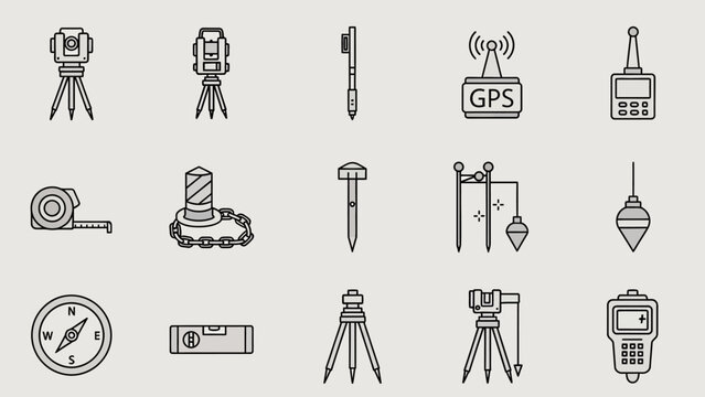 Surveying and Construction Instruments Icon Set Vector Illustration in Light Gray Background