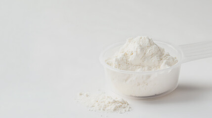 A close-up captures a scoop filled with white protein powder. It's set against a bright white background, emphasizing its purity and texture, perfect for fitness and nutritional content.