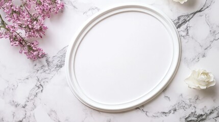 White oval frame mockup with artificial flowers on marble