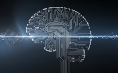 A digital brain comprised of circuit board patterns with glowing waveforms