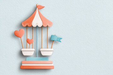 Whimsical paper carousel illustration with heart and flag accents
