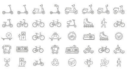 Collection of linear icons representing sustainable urban mobility and transportation alternatives