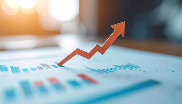 Minimalist graphic of upward-pointing arrow emerging from business document or strategy chart.