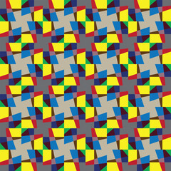 An energetic composition of overlapping blue, yellow, red, and green angular blocks forming a lively and highly rhythmic abstract grid