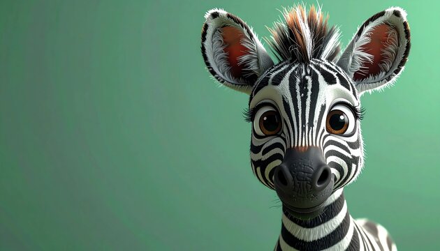 niedliches Zebra mit gro&szlig;en Augen vor einem gr&uuml;nen Hintergrund mit Platz f&uuml;r eigenen Text