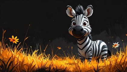 Naklejka premium niedliches Zebra steht vor einem schwarzen Hintergrund mit Platz für eigenen Text