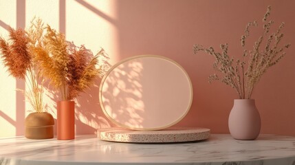Pastel dried flowers and round frame mockup on terrazzo pedestal