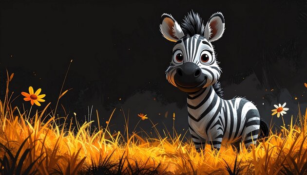 niedliches Zebra steht vor einem schwarzen Hintergrund mit Platz f&uuml;r eigenen Text