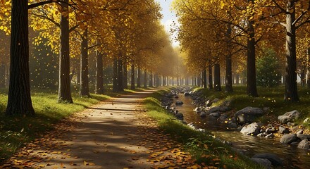 A sunlit autumn path winds through a forest of tall trees with golden foliage, near a flowing stream. Fallen leaves drift gently