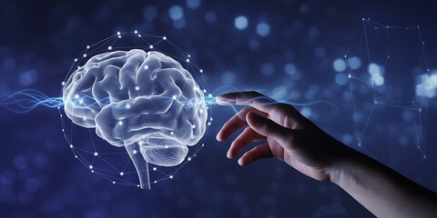 Human hand interacting with a glowing digital brain representing artificial intelligence