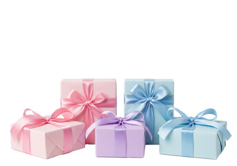 Obraz premium five elegant pastel gift boxes with satin ribbon bows, meticulously detailed macro shot on a high-key white backdrop with generous negative space, concept for luxury celebration advertising