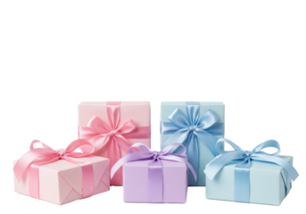five elegant pastel gift boxes with satin ribbon bows, meticulously detailed macro shot on a high-key white backdrop with generous negative space, concept for luxury celebration advertising