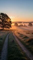 A sunlit, early morning landscape shows converging dirt roads through a misty field, leading to distant houses with sunrise glow