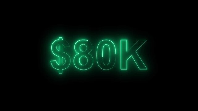 Neon line bright 80k followers isolated turquoise color animation on black background. Vibrant neon shiny 80k text turquoise color animation digits for high-resolution. 