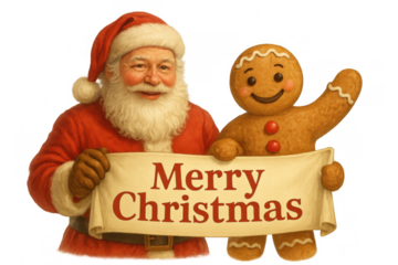 Santa claus and gingerbread man holding merry christmas banner, creating holiday greeting for seasonal celebration