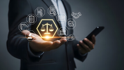 A person in a suit displays legal icons including scales of justice handshake and people symbols