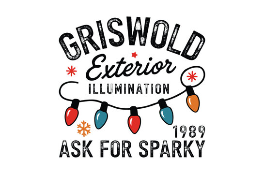 Griswold exterior illumination logo featuring colorful lights snowflakes and a 1989 date with ask for sparky text