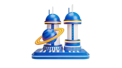 Futuristic Blue and Yellow Buildings with Ringed Planet Sculpture Isolated on Transparent Background