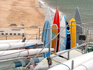 Colorful surfboards lined up on a beach ready for surfing adventures