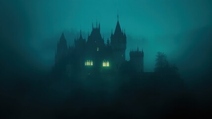 Enigmatic castle in night fog dark moody gothic architecture