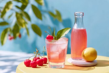 Chilled pink lemonade with cherries and ice on yellow table in sunny outdoor setting