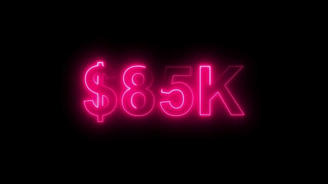 Neon line bright 85k followers isolated magenta red color animation on black background. Vibrant neon shiny 85k text  magenta red color animation digits for high-resolution. 