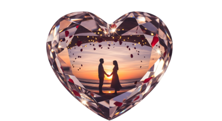 Romantic couple silhouetted within a faceted heart shaped crystal on black background