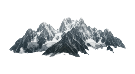 massive, snow-capped alpine mountain range with dark granite peaks and sharp textures, dramatically enveloped in ethereal white fog and rim-lit against a pure white void, ample copy space concept of
