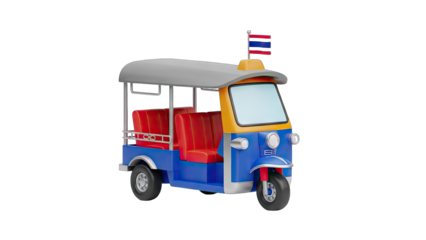 Bright Blue and Yellow Tuk Tuk Taxi With Red Seats and Thailand Flag on a Transparent Background