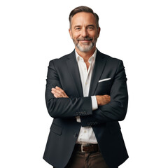 Smiling middle-aged businessman with arms crossed isolated on transparent background