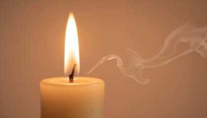Candle burning with flame and smoke on neutral background  
