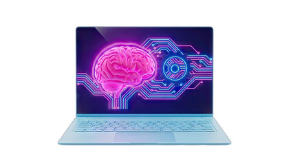 Futuristic Laptop Displaying Glowing Pink Brain and Blue Circuitry with Transparent Background on a Black Void