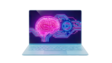 Futuristic Laptop Displaying Glowing Pink Brain and Blue Circuitry with Transparent Background on a Black Void