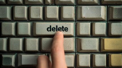 Finger pressing the delete key on an old keyboard, concept of cleaning old files and digital cleanup