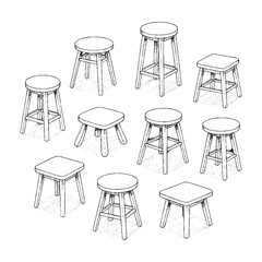 Line Art Collection of Various Chairs and Stools
