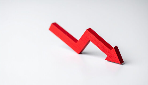 Red wooden arrow pointing downward on white. Business collapse, financial regression, decline.