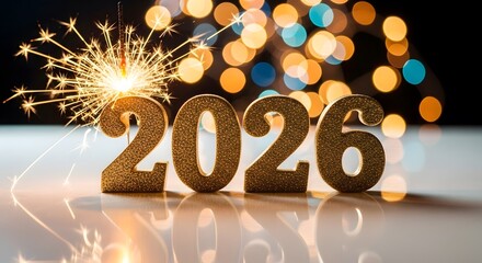 Golden 2026 sparkling with a bright sparkler against a festive bokeh background, celebrating new year