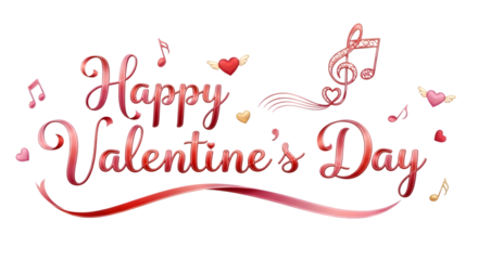 Elegant watercolor lettering of happy valentines day with musical notes and hearts