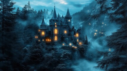 Majestic castle in foggy forest at night fantasy illustration