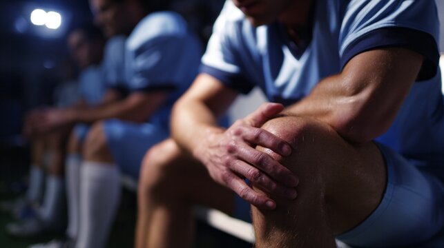 Sports team sitting on bench in locker room feeling disappointment after a game, men managing loss and injury